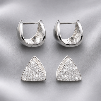ATJ-131 Huggie Hoop and Pavé Triangle Stud Earring Set in Silver