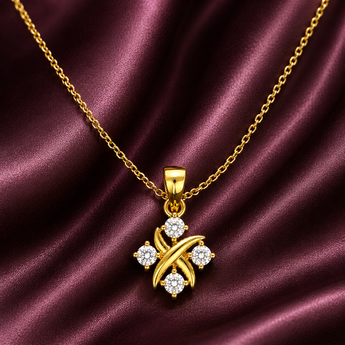 Gold-plated cross kiss pendant necklace with four corner stones on plum satin