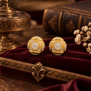 ATJ-156 ornate round pavé drop earrings with domed centres