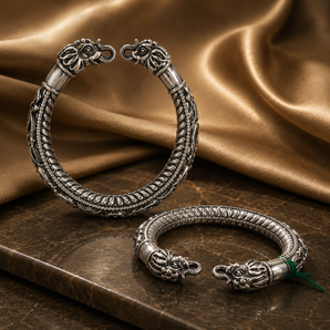 Gajasimha Dual Elephant Head Silver Cuff Bangle