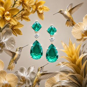 Emerald & Diamond Drop Earrings | Cushion & Pear Cut | Yellow Gold