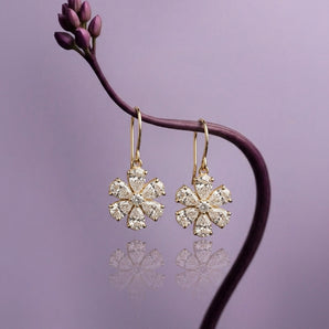 Diamond Floral Cluster Drop Earrings | Pear Cut | Yellow Gold