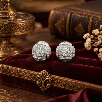 ATJ - 156 polished silver ornate round pavé drop earrings with domed centres