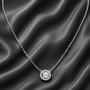 ATJ - 116 silver halo solitaire mangalsutra with black beads on dark grey satin
