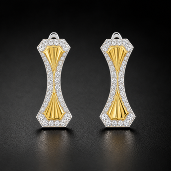 ATJ-135 Art Deco Two-Tone Fluted Gold and Pavé Diamond Huggie Earrings