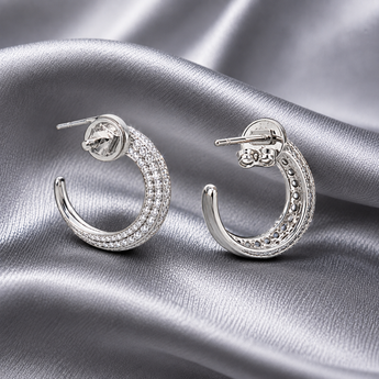 Silver-toned open hoop earrings with double-row stone-set detailing