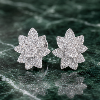 Silver-toned layered floral earrings with stone-set detailing