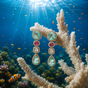 Aquamarine, Ruby & Diamond Multi-Stone Drop Earrings | Yellow Gold