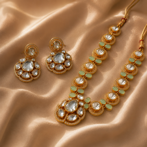 Kundan Polki Necklace & Earrings Set with Mint Green Stones