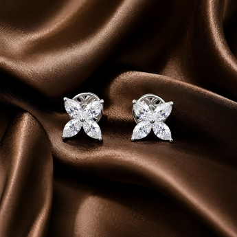 ATJ - 119 silver marquise clover stud earrings on brown satin